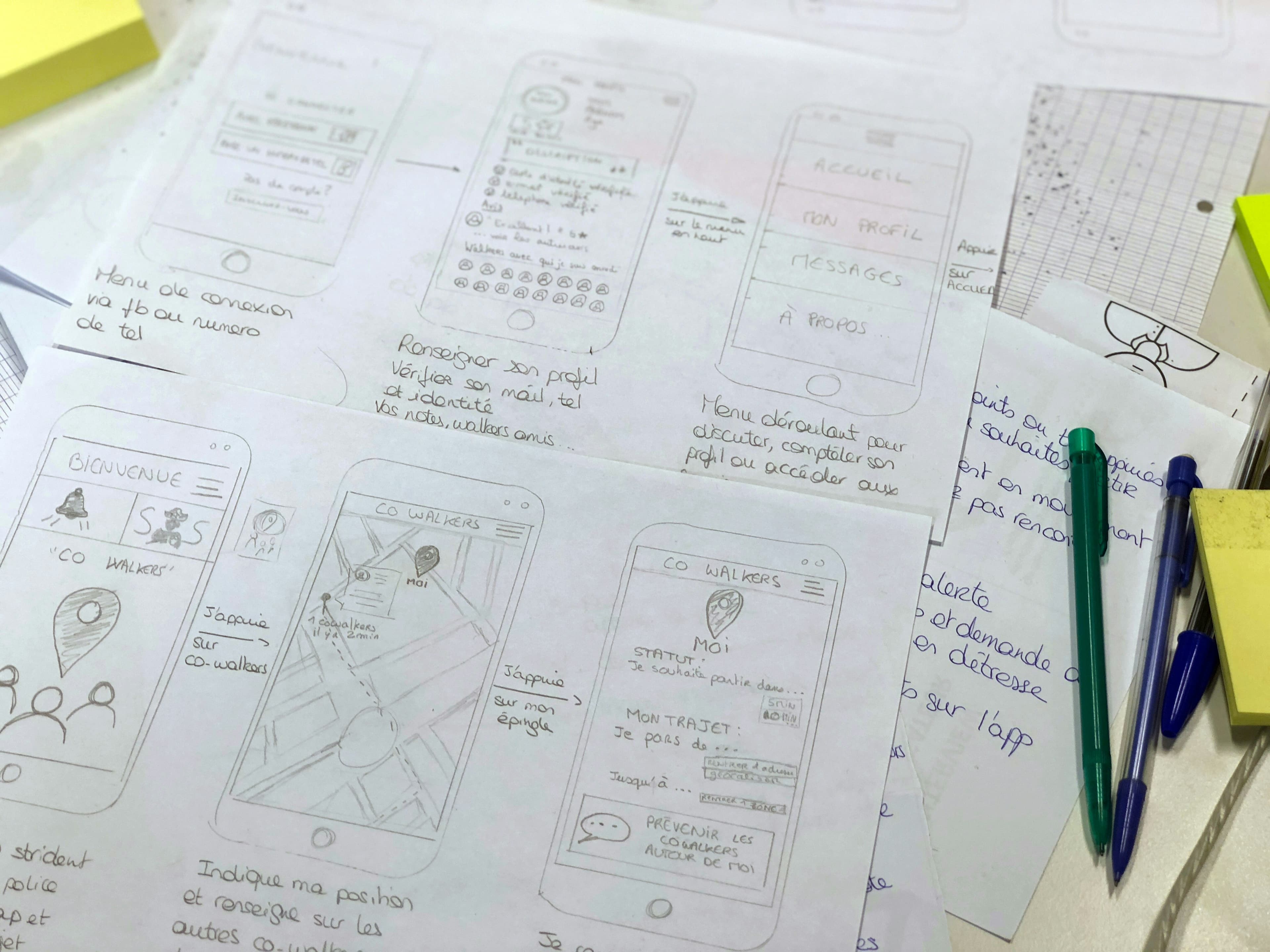 Designer sketching UI wireframes on paper with Arabic text elements and mobile mockups