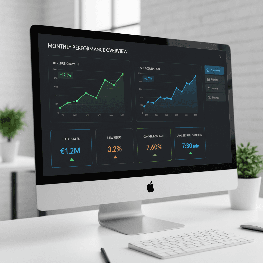 Analytics dashboard showing growth metrics, charts and KPI data on a laptop screen
