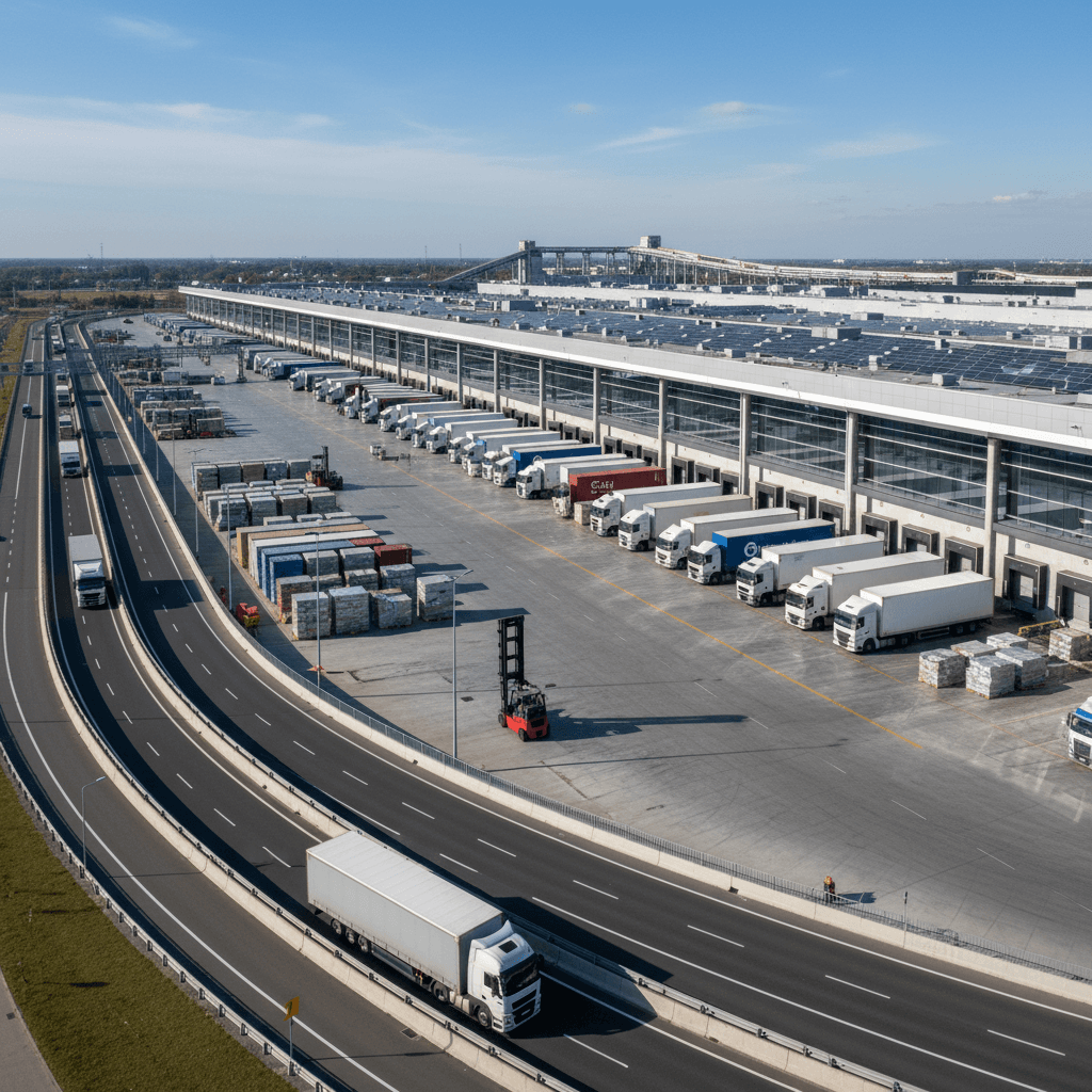Aerial view of a modern logistics warehouse with automated systems and shipping containers