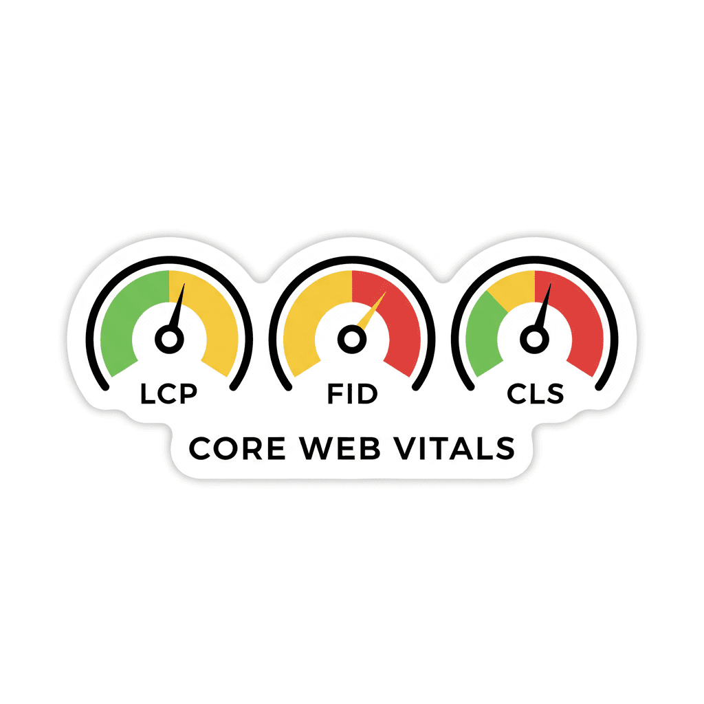 Web performance metrics dashboard showing Core Web Vitals scores and loading time graphs
