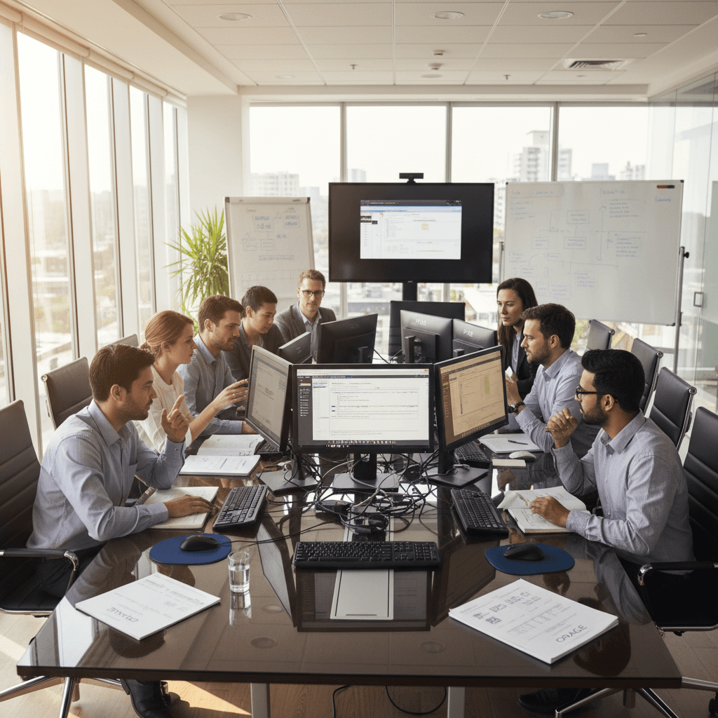 Team of diverse software developers collaborating around a table with laptops and whiteboards
