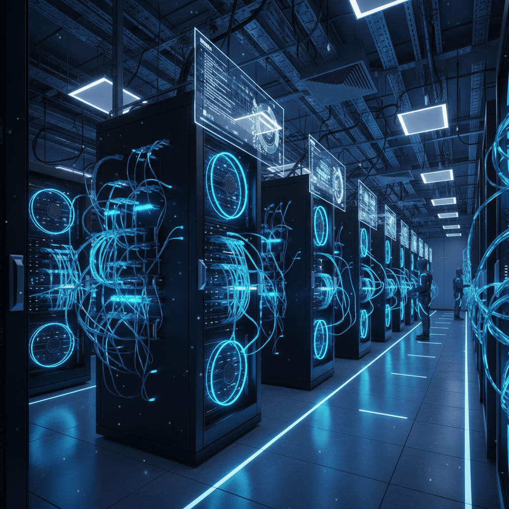 Server room with blue LED lighting showing cloud infrastructure in a modern data center