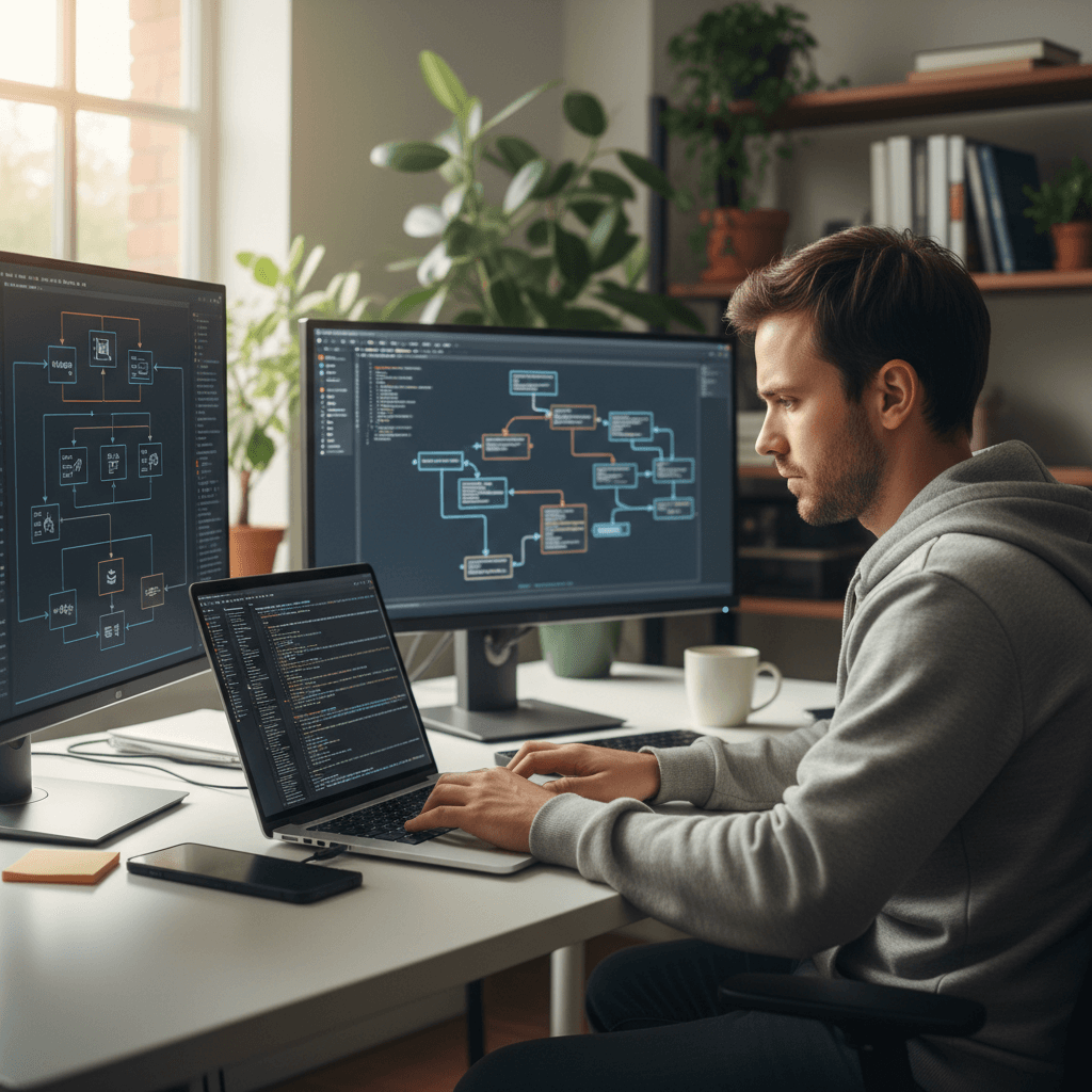 Developer working on code editor with multiple screens showing SaaS architecture diagrams